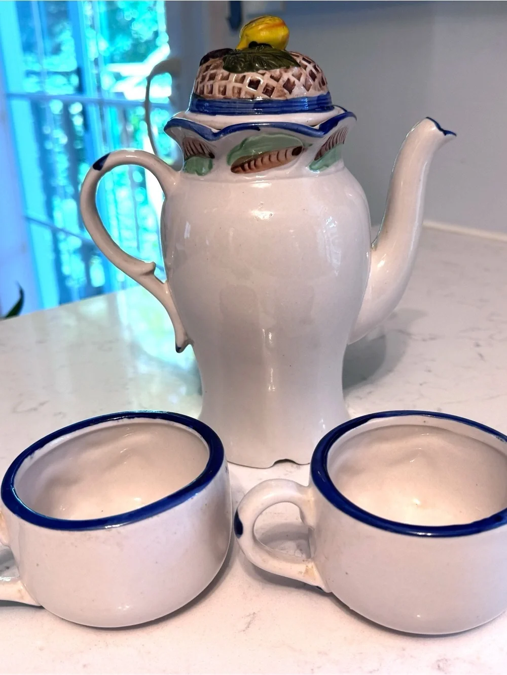 Vintage Ceramic Strawberry Teapot & Cups Set 3pc Majolica Style Fruit Ceramic